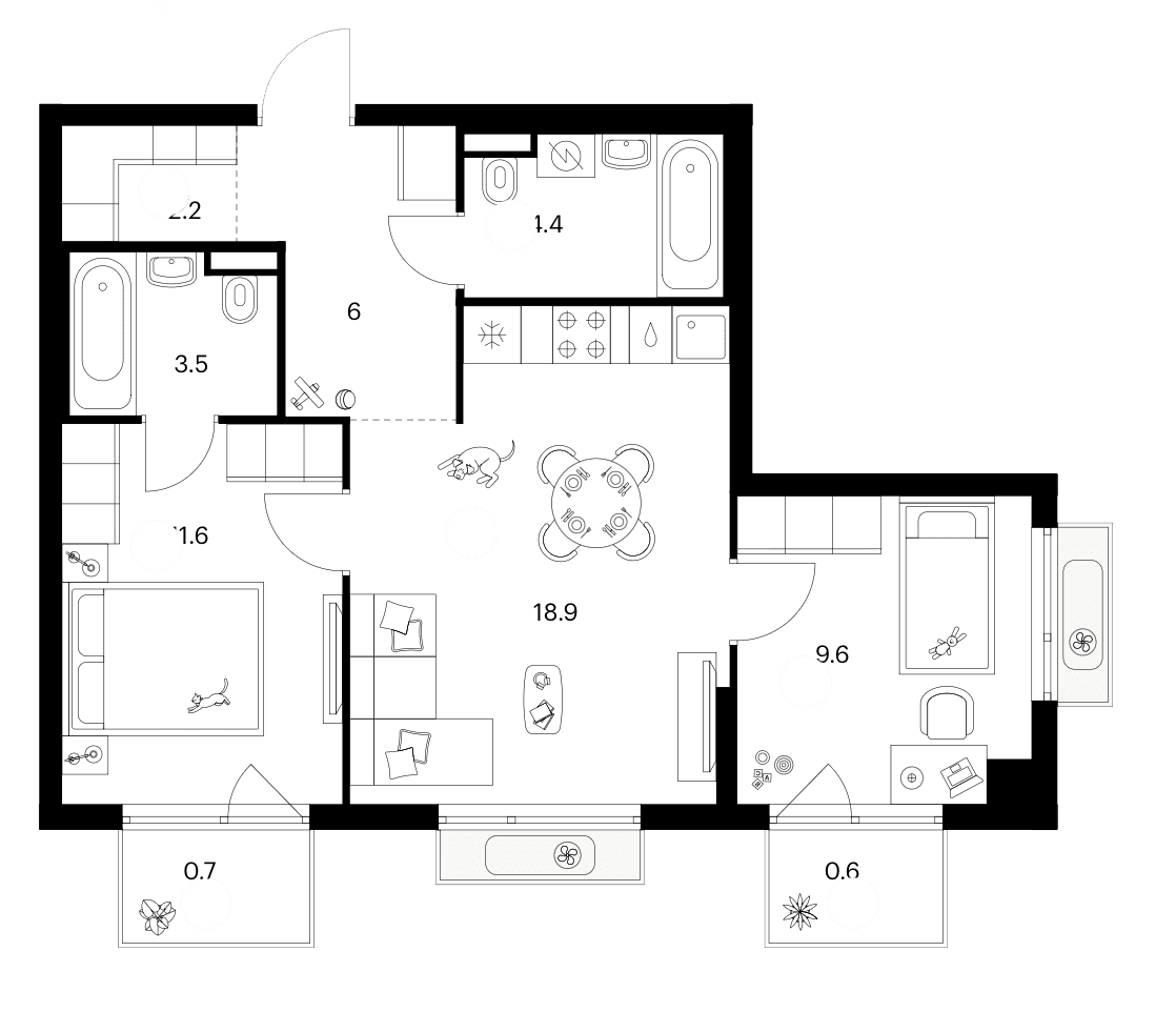 Планировка: 2-комнатная квартира 56,2 м² в ЖК «Зеленый парк»