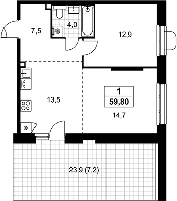 Планировка: Евродвушка 52,6 м² в ЖК «Прокшино»