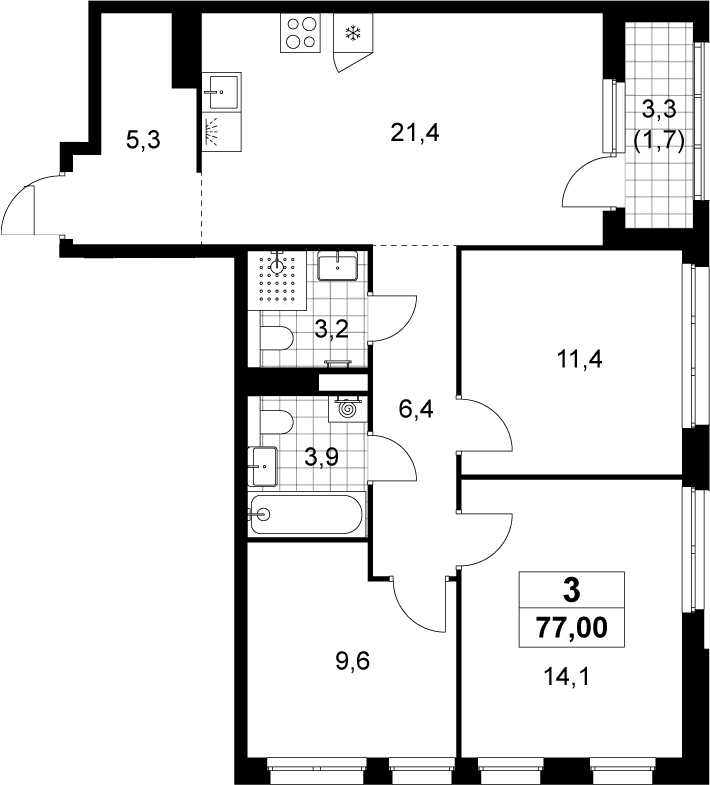Планировка: Квартира евро-4 75,5 м² в ЖК «Деснаречье»