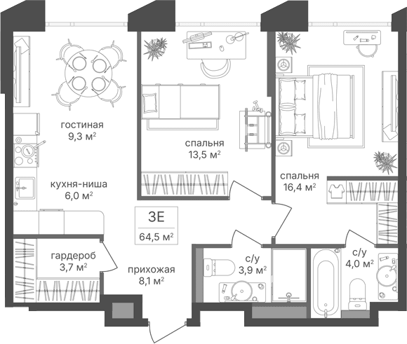 Планировка: Евротрёшка 64,5 м² в ЖК «Петровский Парк II»