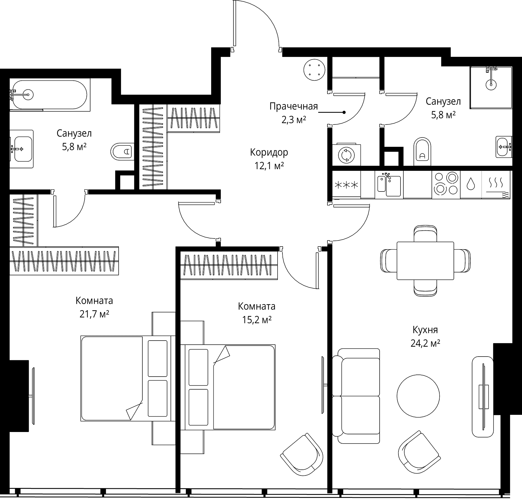 Планировка: Евротрёшка 87,1 м² в ЖК «ОНЕ»