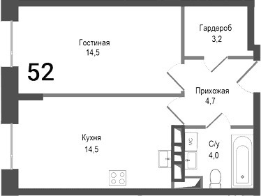 Планировка: Евродвушка 40,9 м² в ЖК «Киноквартал»