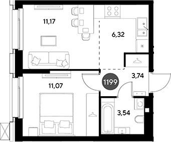 Планировка: Евродвушка 35,8 м² в ЖК «ЭВО»