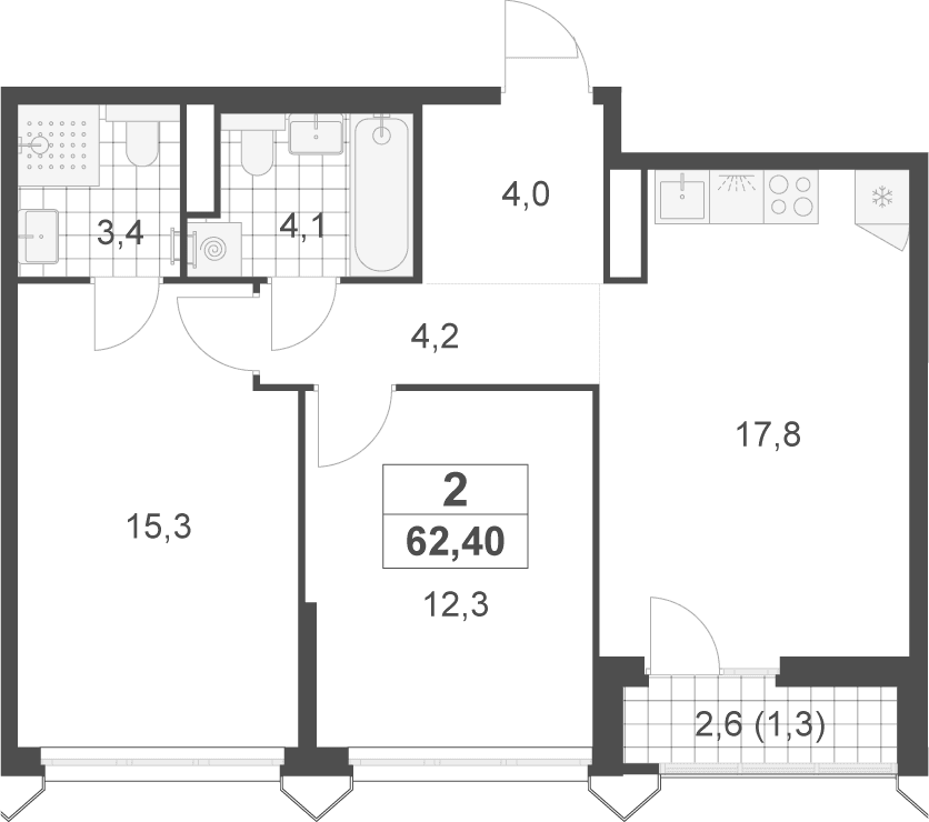 Планировка: Евротрёшка 61,1 м² в ЖК «Деснаречье»