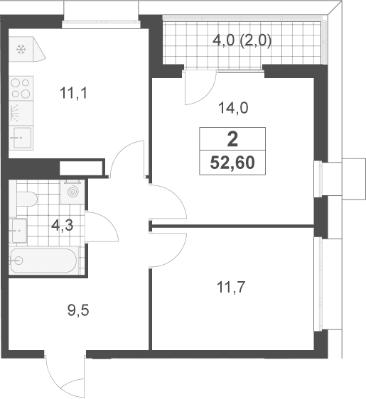 Планировка: 2-комнатная квартира 50,6 м² в ЖК «Скандинавия»