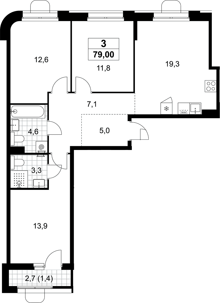 Планировка: Квартира евро-4 77,6 м² в ЖК «Прокшино»