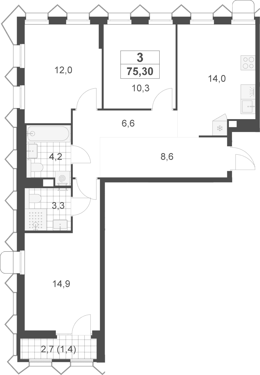 Планировка: 3-комнатная квартира 73,9 м² в ЖК «Деснаречье»