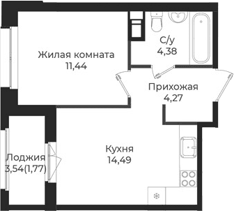 Планировка: 1-комнатная квартира 34,6 м² в ЖК «Новатория»