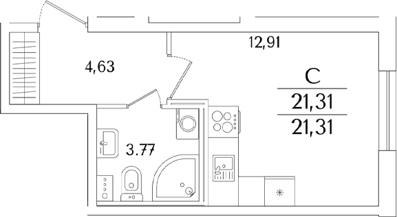 Планировка: Студия 21,3 м² в ЖК «Кинопарк»