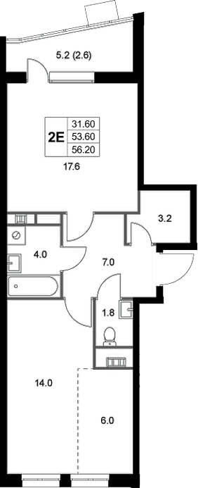 Планировка: Евродвушка 53,6 м² в ЖК «Легенда Коренево»