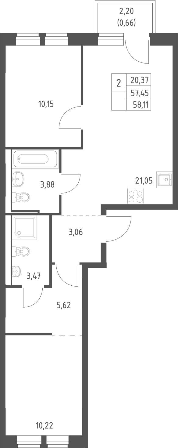 Планировка: Евротрёшка 57,5 м² в ЖК «Квартал Ивакино»