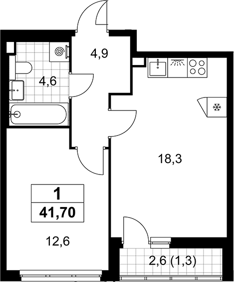 Планировка: Евродвушка 40,4 м² в ЖК «Деснаречье»