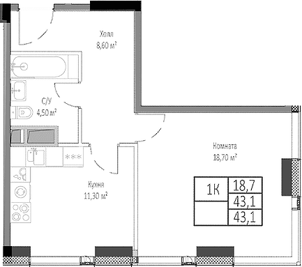 Планировка: 1-комнатная квартира 43,1 м² в ЖК «Мираполис»