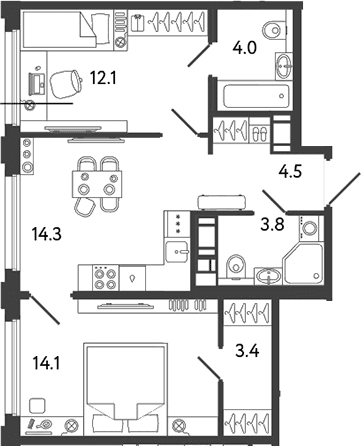 Планировка: 2-комнатная квартира 56,2 м² в ЖК «Гений»