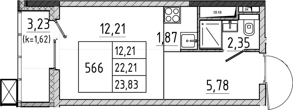 Планировка: Студия 22,2 м² в ЖК «Поварово-Молодежный-2»