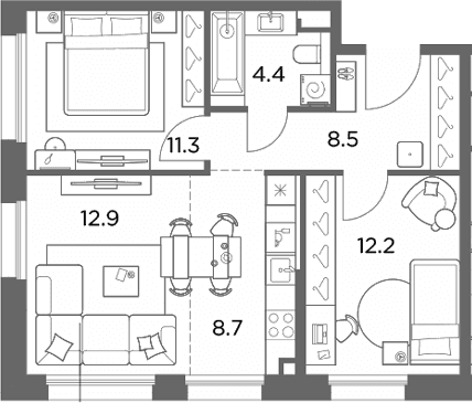 Планировка: Евротрёшка 58 м² в ЖК «Станиславский»