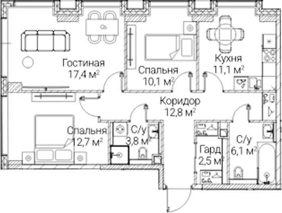 Планировка: 3-комнатная квартира 76,5 м² в ЖК «СЕЗАР БУДУЩЕЕ»
