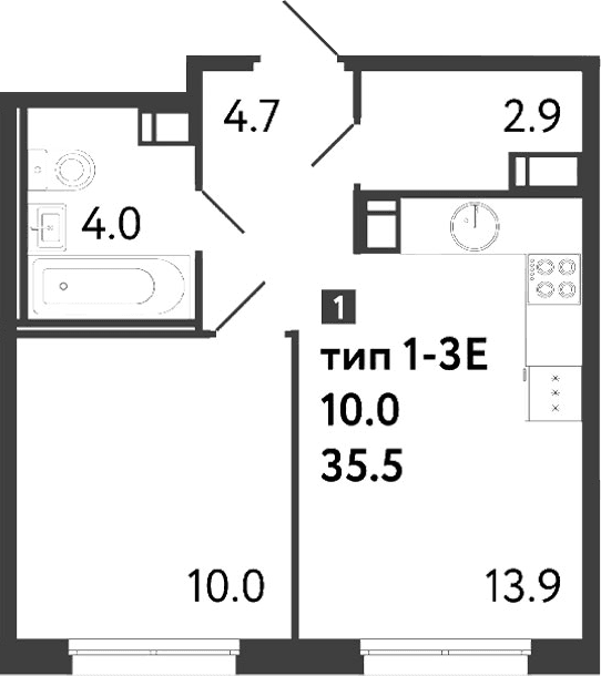 Планировка: 1-комнатная квартира 35,5 м² в ЖК «Струны»