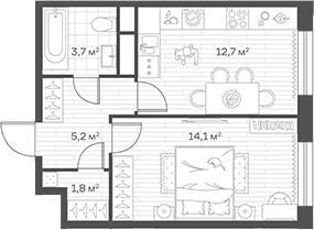 Планировка: Евродвушка 37,5 м² в ЖК «Аристов Берег»
