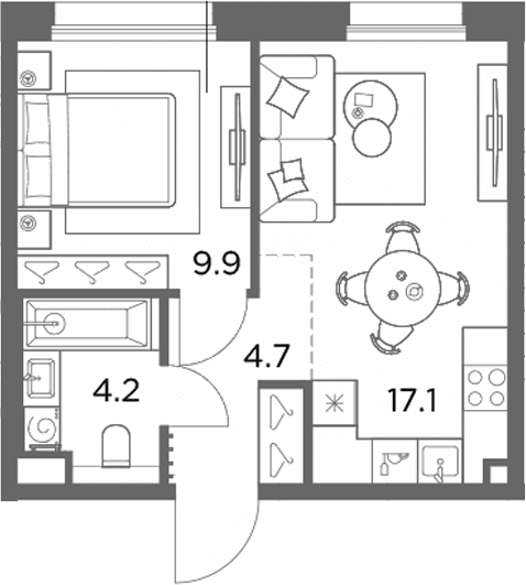 Планировка: 1-комнатная квартира 35,9 м² в ЖК «Станиславский»