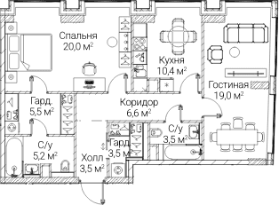 Планировка: 2-комнатная квартира 77 м² в ЖК «СЕЗАР БУДУЩЕЕ»