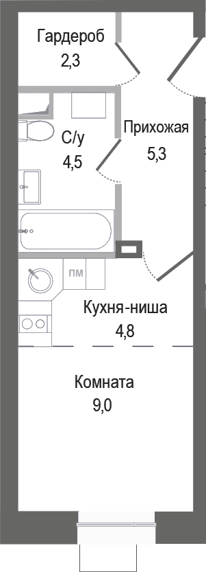 Планировка: Студия 25,9 м² в ЖК «Киноквартал»
