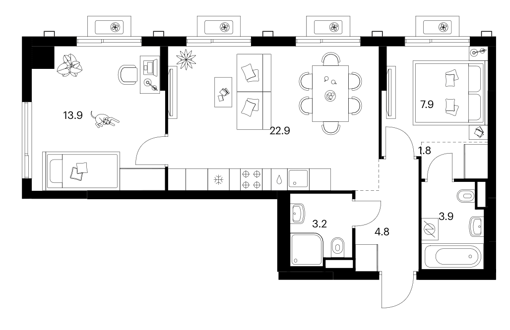 Планировка: 2-комнатная квартира 58,4 м² в ЖК «Белая Дача парк»
