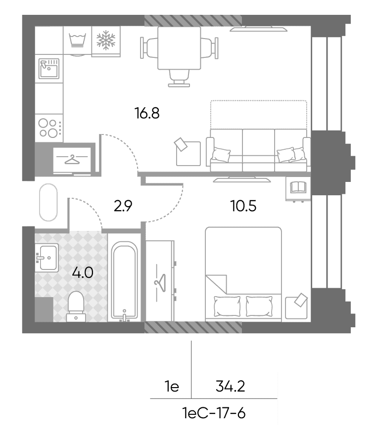 Планировка: Евродвушка 34,2 м² в ЖК «ЗилАрт»