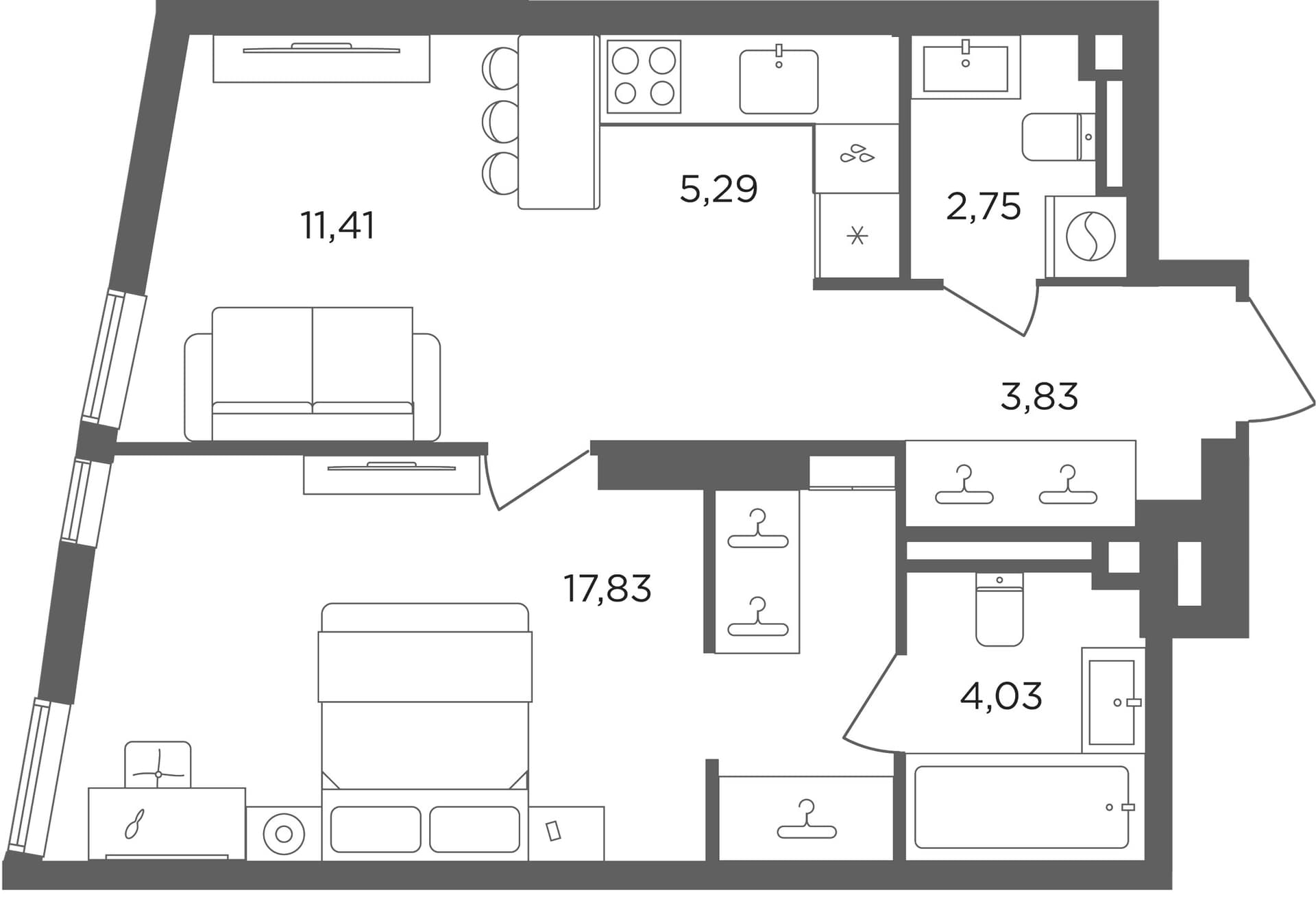 Планировка: Евродвушка 45,1 м² в ЖК «Сикрет Гарден»
