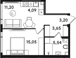 Планировка: Евродвушка 42,7 м² в ЖК «СОЛОС»