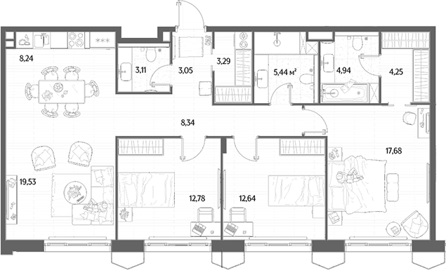 Планировка: Квартира евро-4 103,3 м² в ЖК «МЫС»