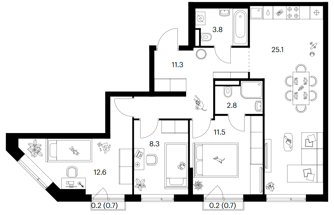 Планировка: 3-комнатная квартира 75,4 м² в ЖК «Лосиноостровский парк»