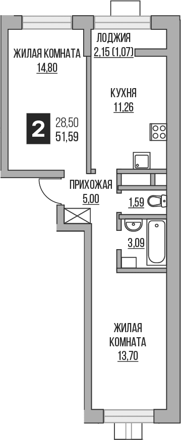 Планировка: 2-комнатная квартира 49,4 м² в ЖК «Гранель Пехра»