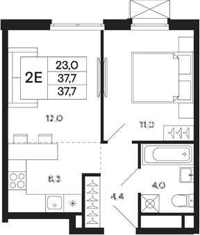 Планировка: Евродвушка 37,7 м² в ЖК «Базаева 11»