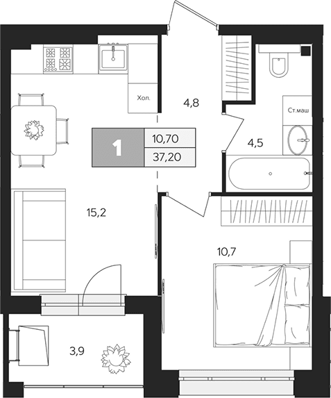 Планировка: 1-комнатная квартира 35,3 м² в ЖК «Ласточкино»