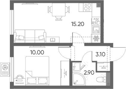 Планировка: Евродвушка 31,2 м² в ЖК «Ручьи 2»