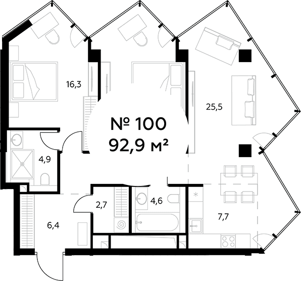 Планировка: Евротрёшка 92,9 м² в ЖК «Монблан»