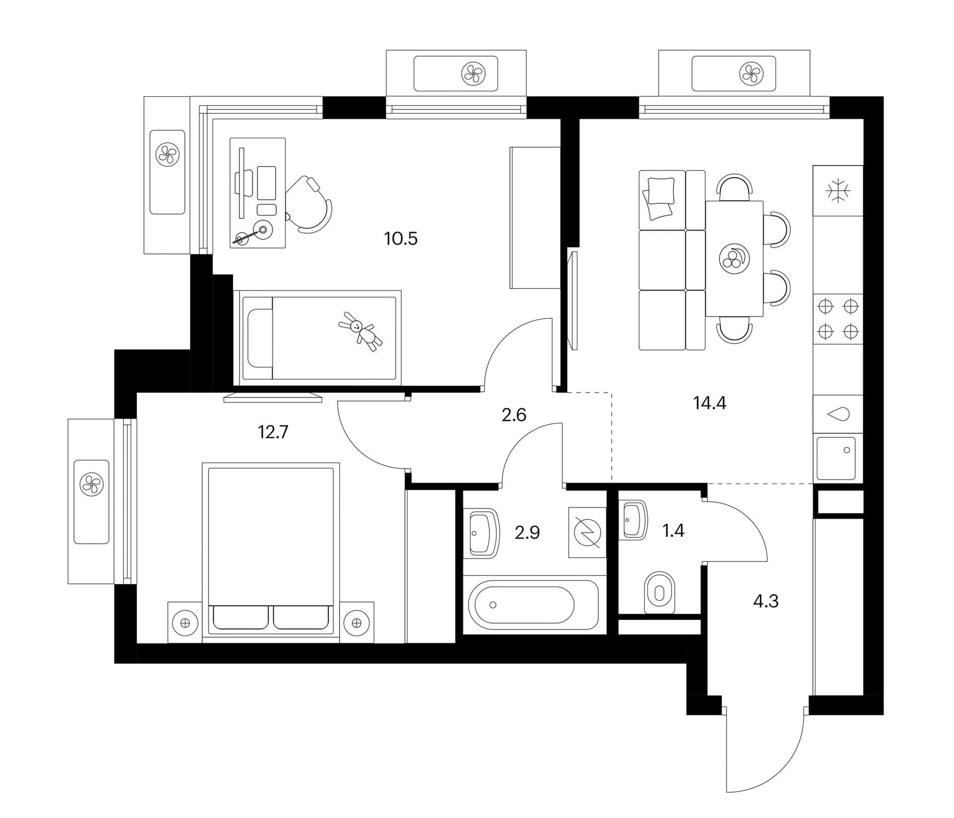 Планировка: 2-комнатная квартира 48,8 м² в ЖК «Белая Дача парк»