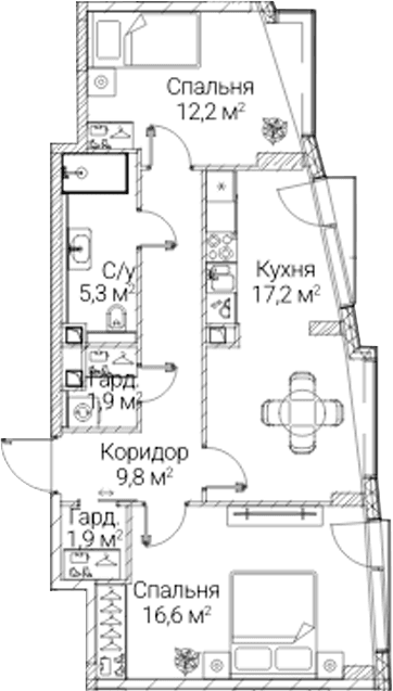 Планировка: 2-комнатная квартира 64,9 м² в ЖК «СЕЗАР БУДУЩЕЕ»