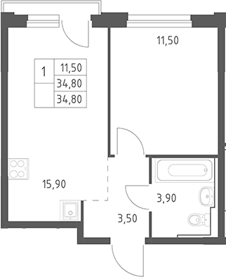 Планировка: Евродвушка 34,8 м² в ЖК «Химки Парк»