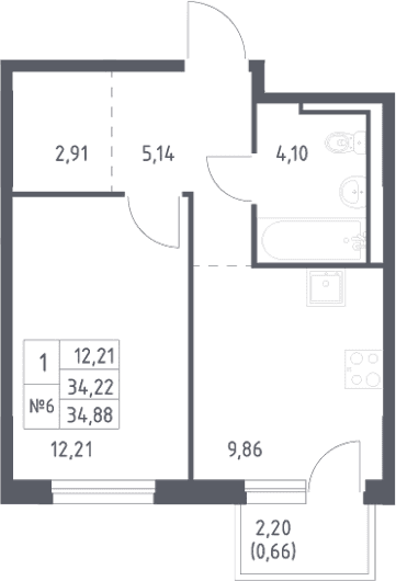 Планировка: 1-комнатная квартира 34,2 м² в ЖК «Невская Долина»