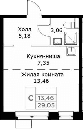 Планировка: Студия 29,2 м² в ЖК «КИТ»