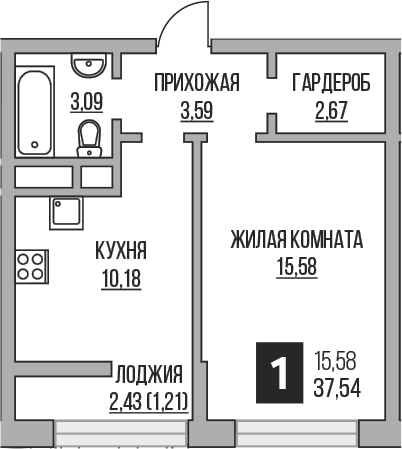 Планировка: 1-комнатная квартира 35,1 м² в ЖК «Гранель Пехра»