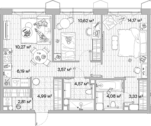 Планировка: Евротрёшка 64,6 м² в ЖК «МЫС»