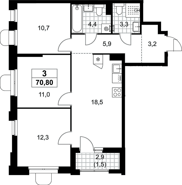 Планировка: Квартира евро-4 69,3 м² в ЖК «Прокшино»