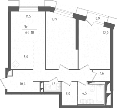 Планировка: Евротрёшка 63,2 м² в ЖК «Скай Спутник»