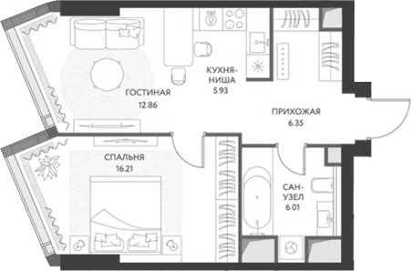 Планировка: Евродвушка 47,4 м² в ЖК «ХАЙДАУТ»
