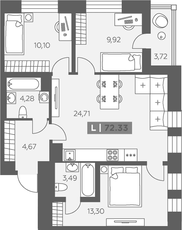 Планировка: Квартира евро-4 70,5 м² в ЖК «Аквилон Солар»