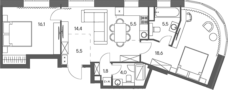 Планировка: Евротрёшка 71,4 м² в ЖК «Родина Переделкино»