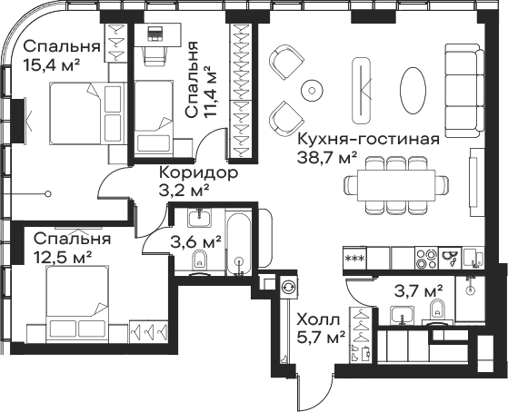 Планировка: Квартира евро-4 94,2 м² в ЖК «Сити Бэй»